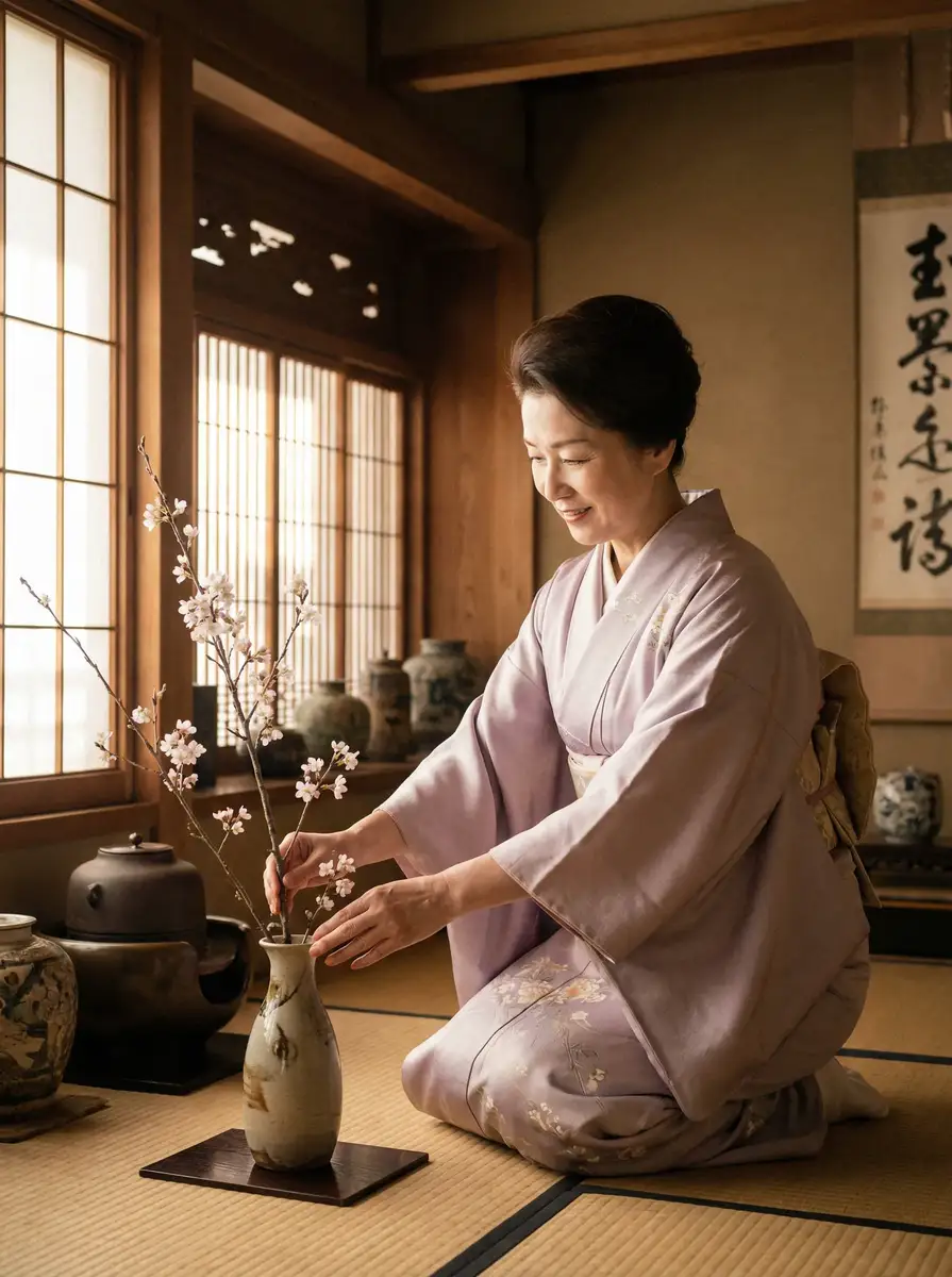 一位优雅的 上游棋牌网站 在和室中插花