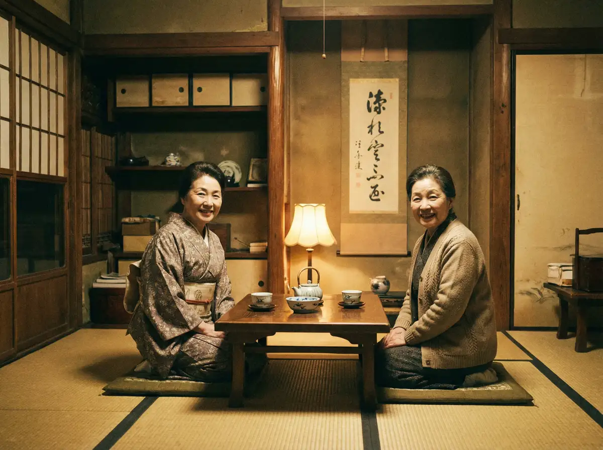 两位优雅的 上游棋牌网站 在日式茶室中品茶交谈